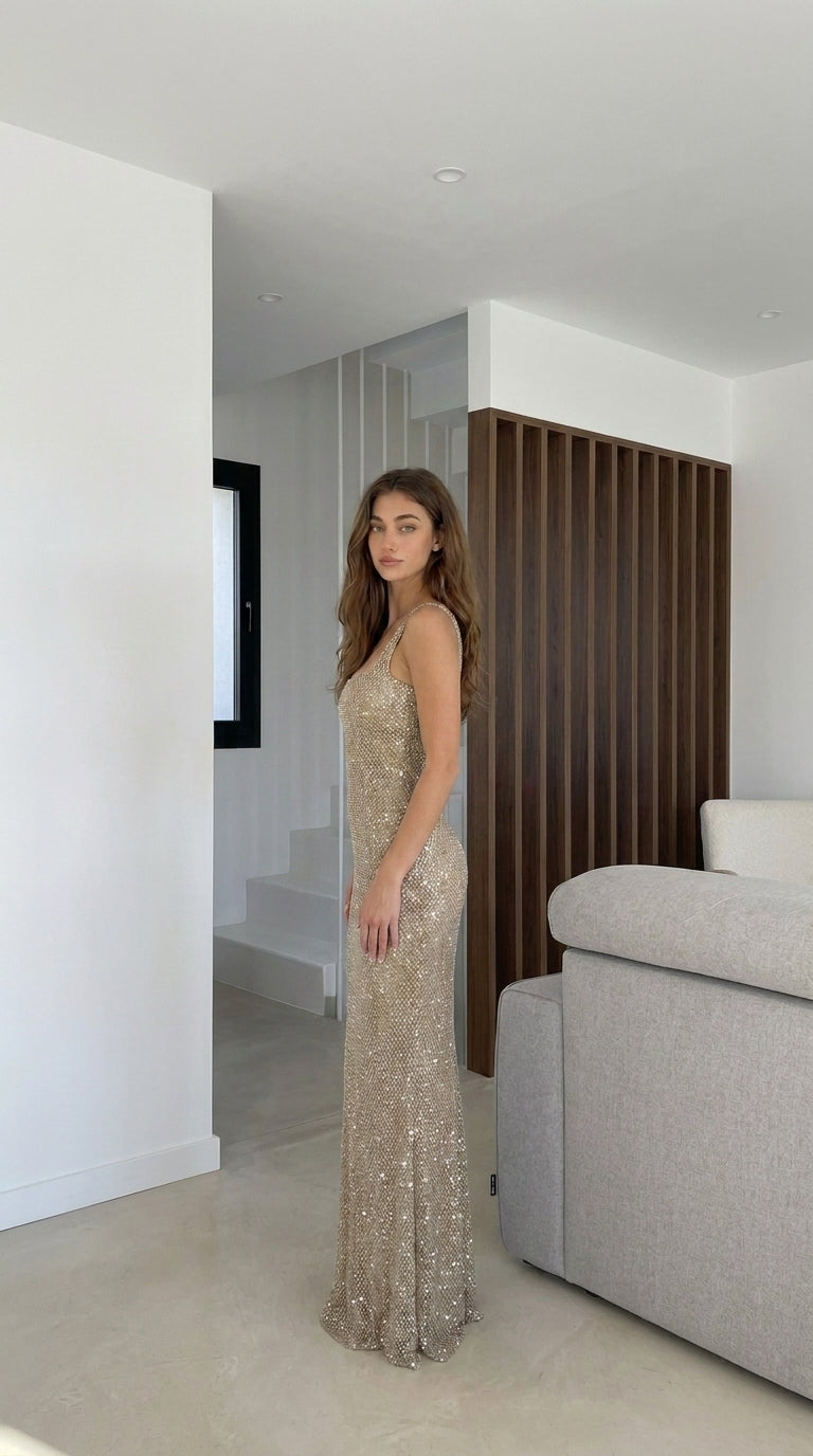 Robe longue à strass, encolure carrée et dos échancré