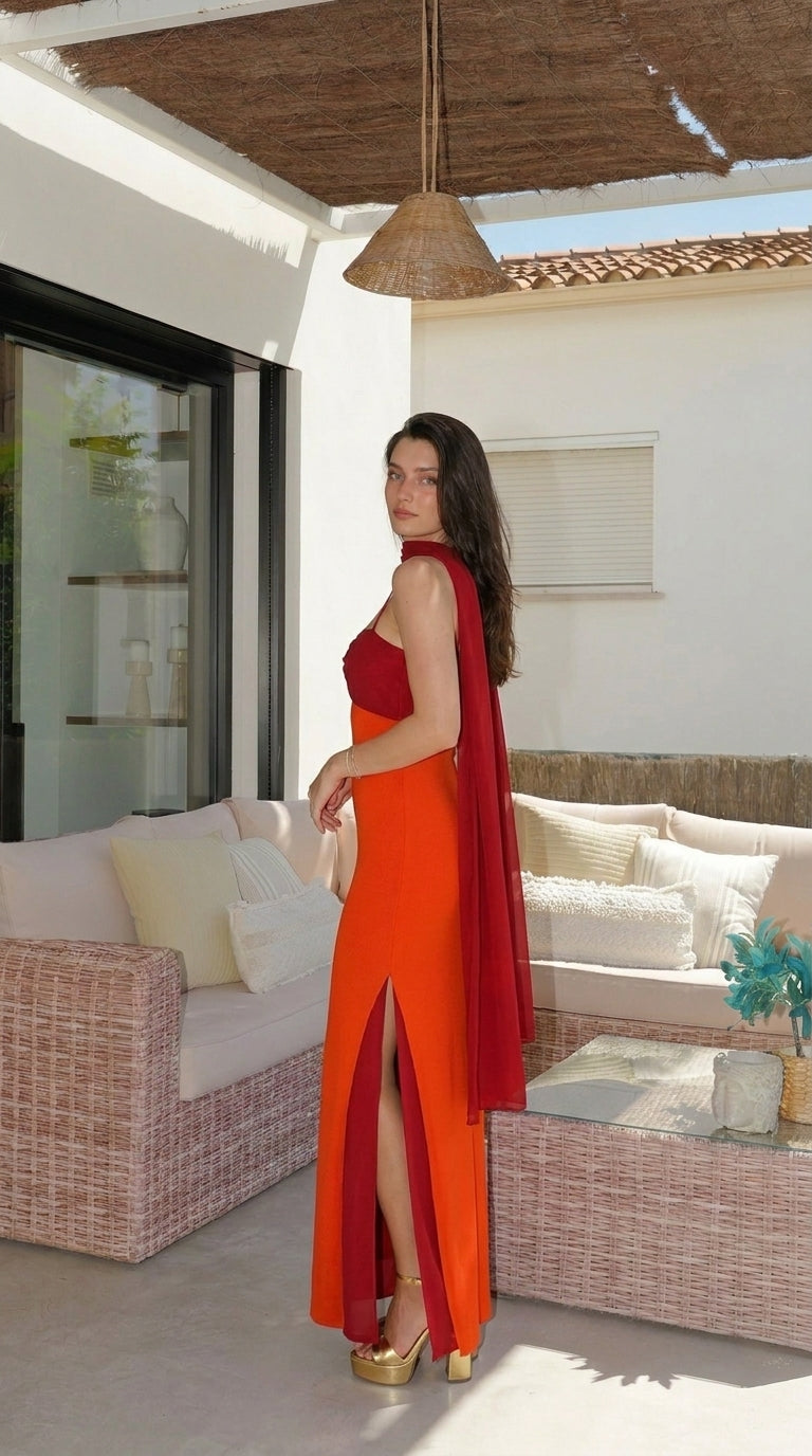 Vestido largo bicolor con elegante detalle drapeado
