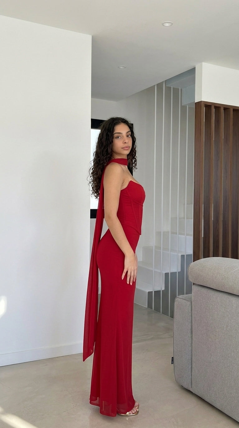 Ensemble long trois pièces en maille avec corset