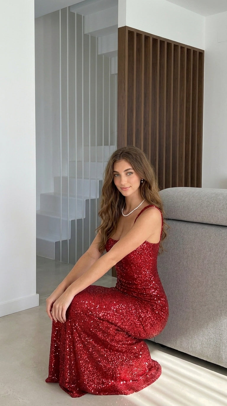 Robe longue à strass, encolure carrée et dos échancré