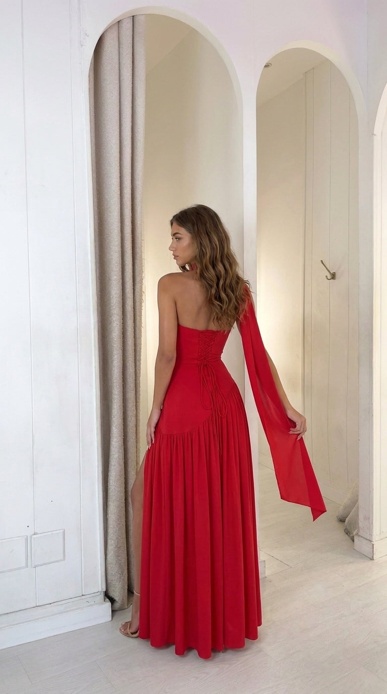Robe longue bustier en crêpe avec drapé et fente haute