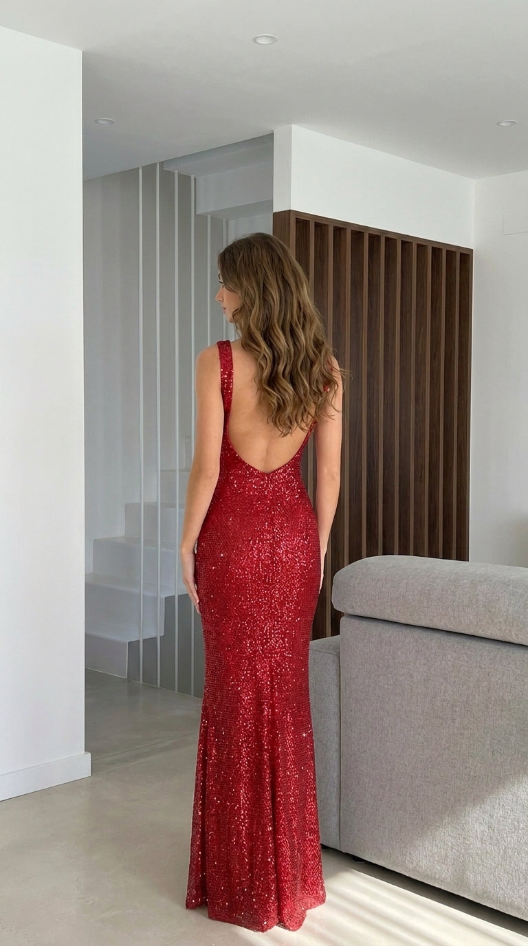 Robe longue à strass, encolure carrée et dos échancré