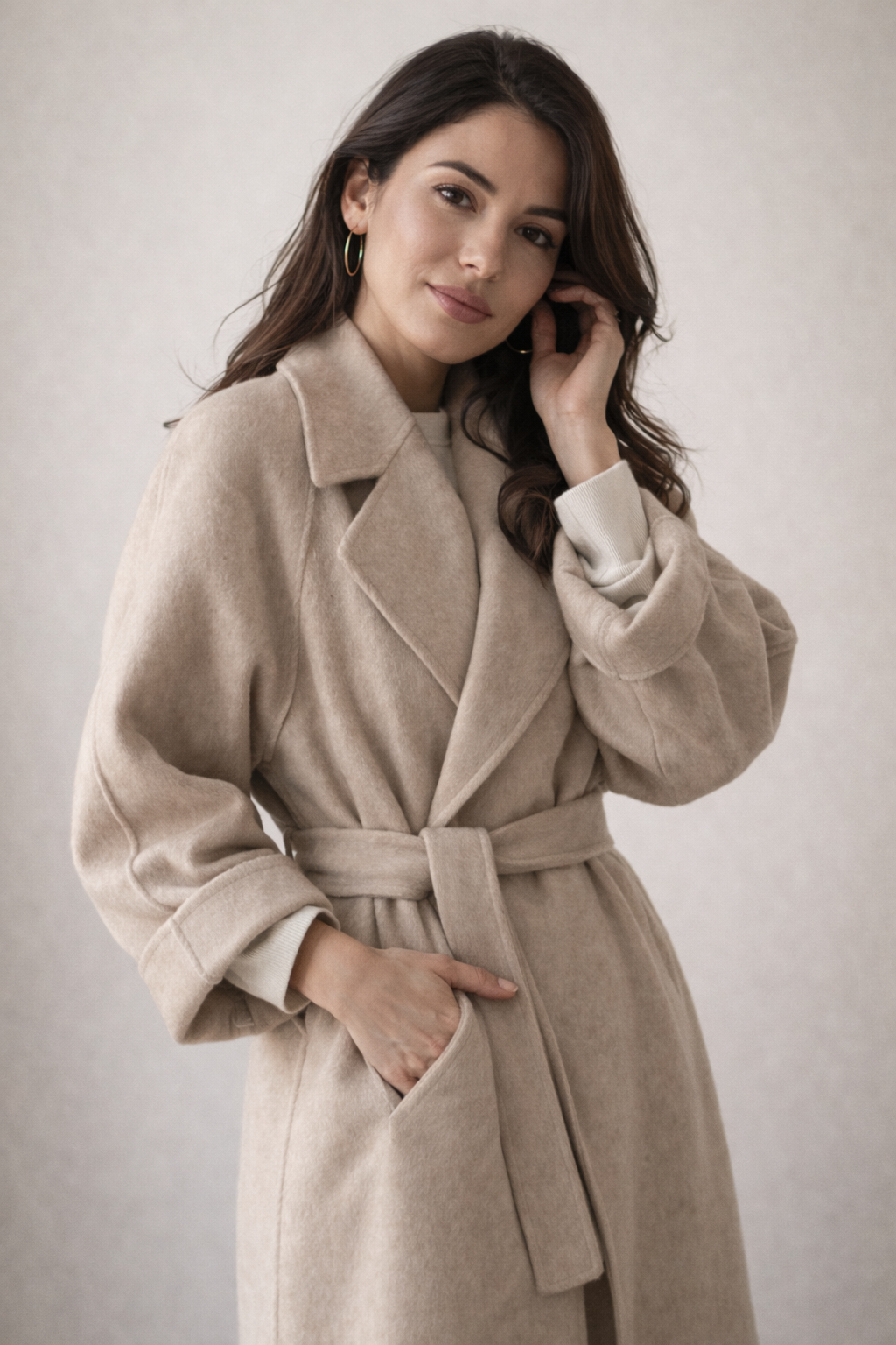 Manteau long droit à ceinture amovible