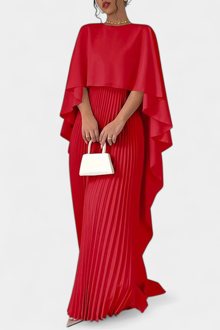 Robe longue à col montant, plis et manches à volant