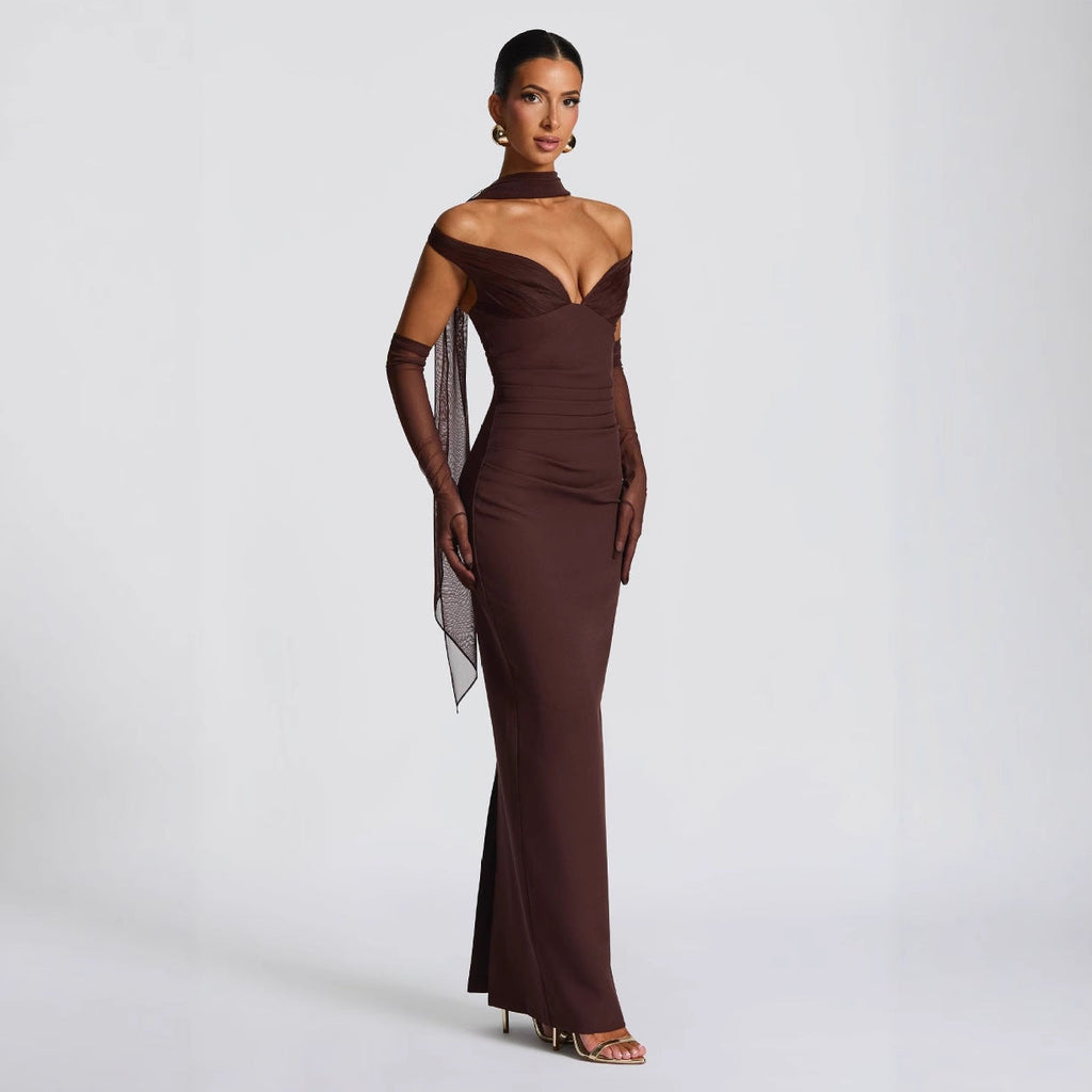 Robe longue bustier à jupe fluide
