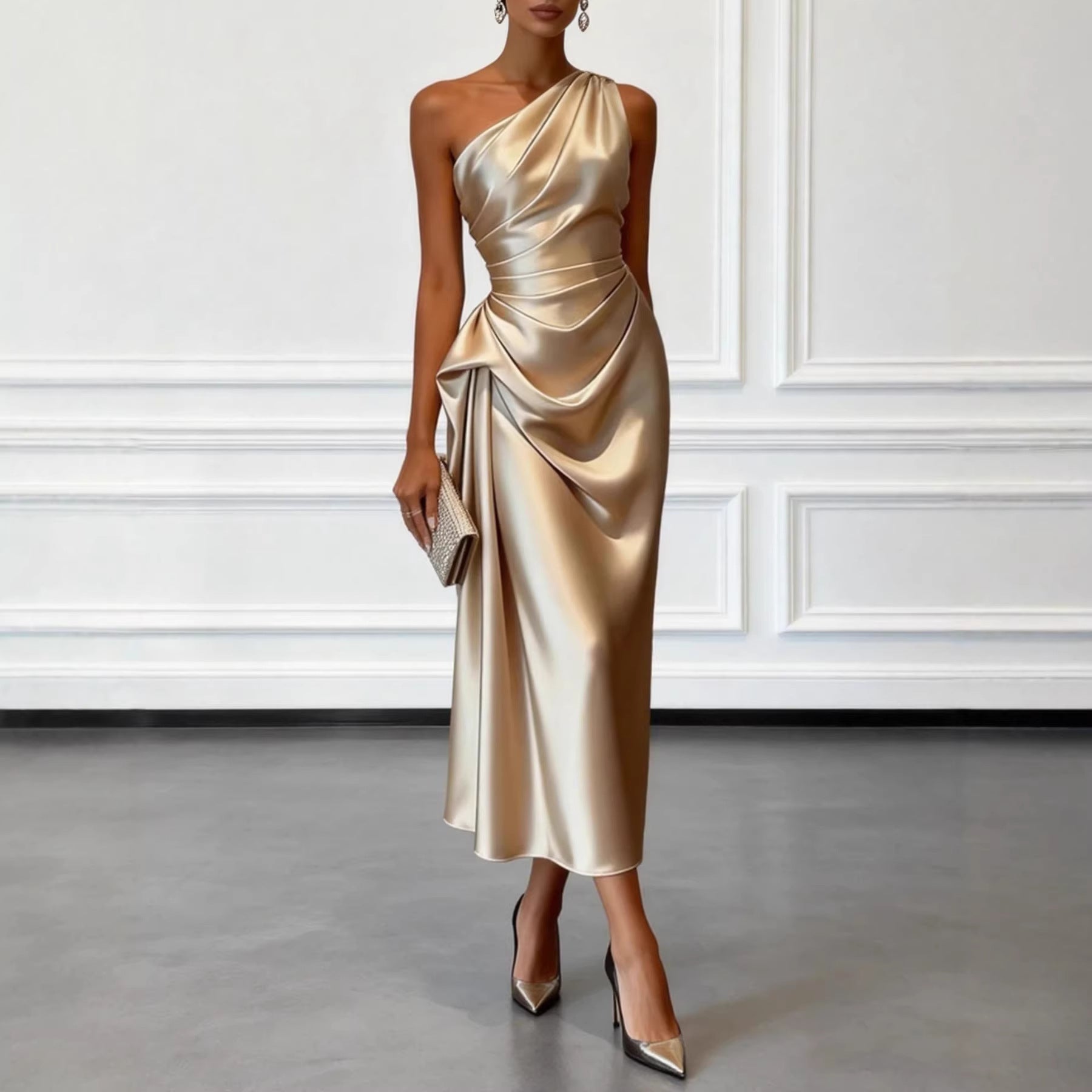 Robe midi à une épaule et drapé sur le buste