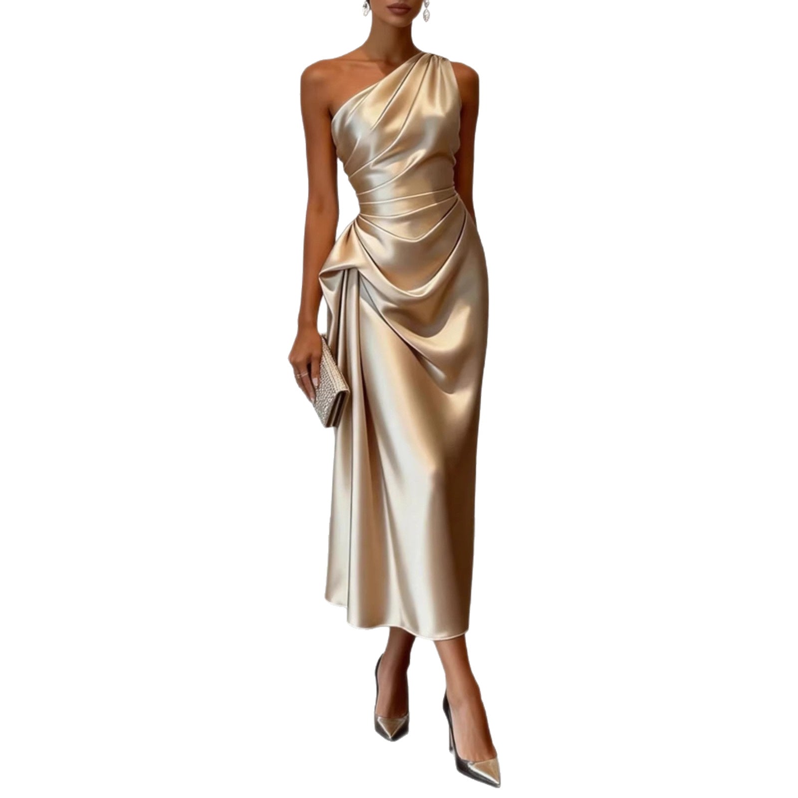 Robe midi à une épaule et drapé sur le buste