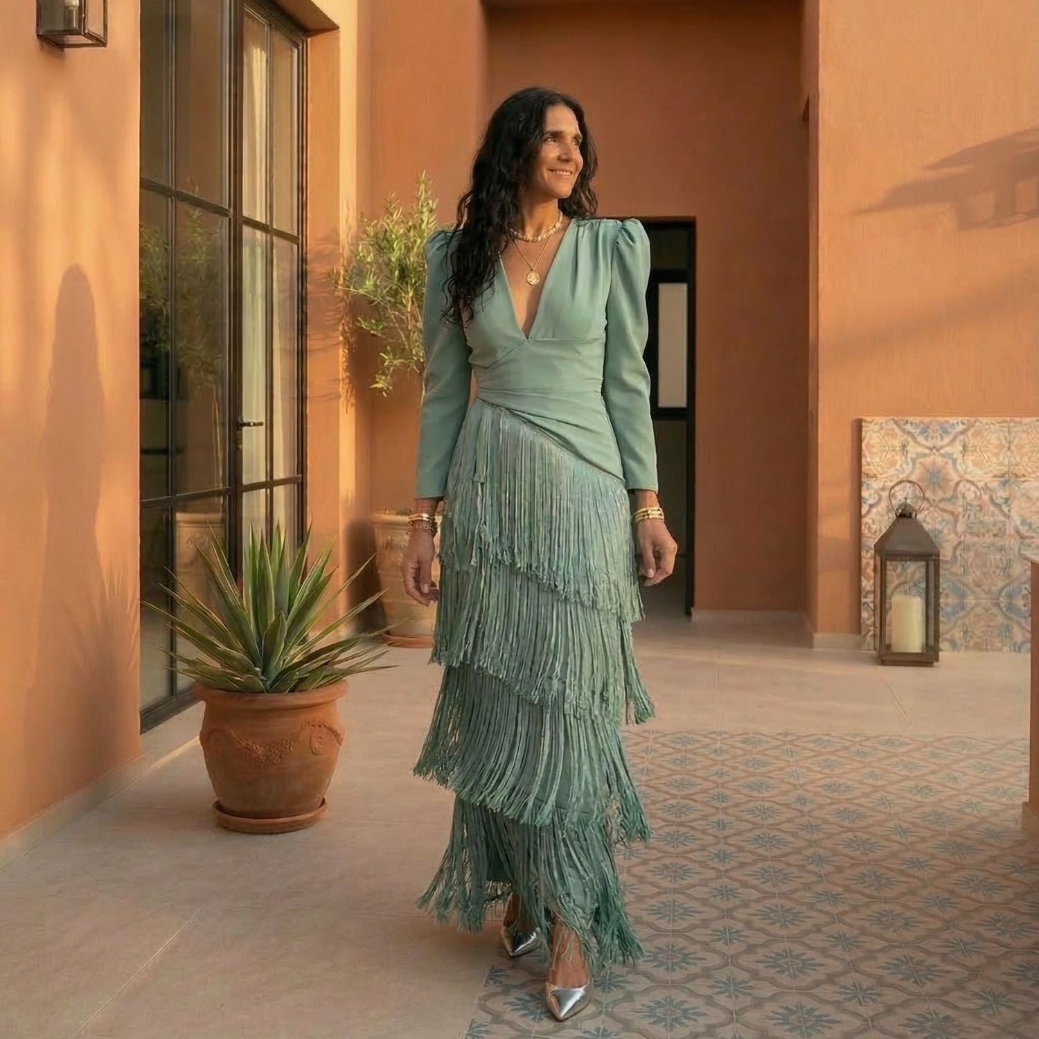 Robe à manches à franges