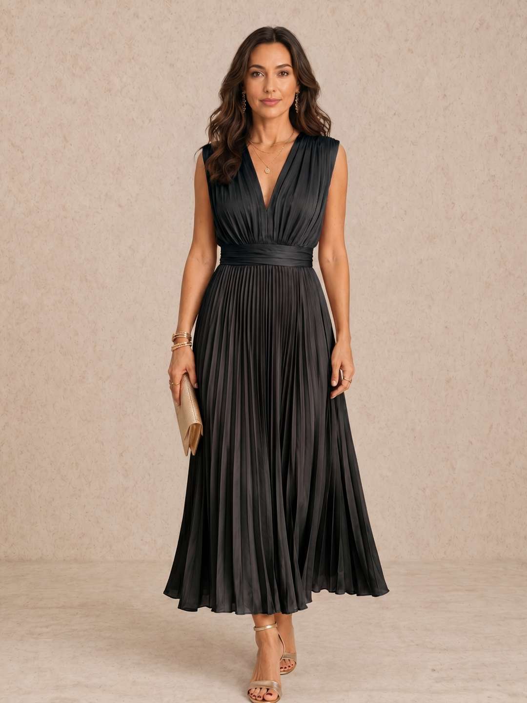 Robe midi plissée à décolleté en V
