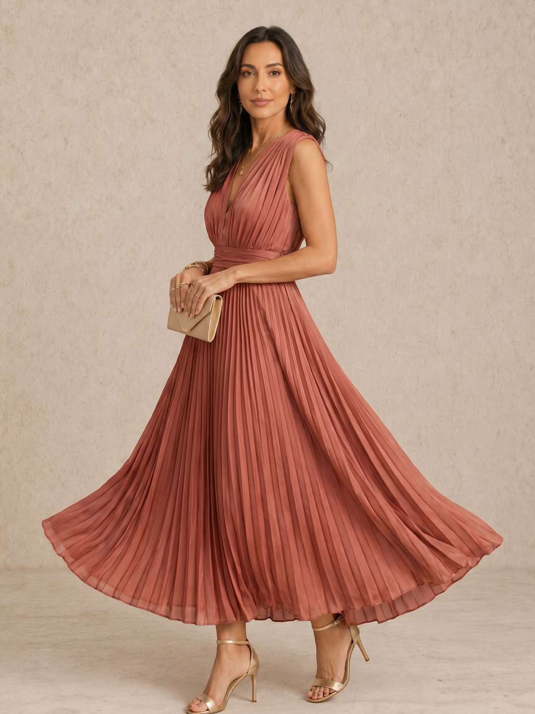 Robe midi plissée à décolleté en V