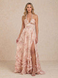 Robe longue à encolure licou et fente