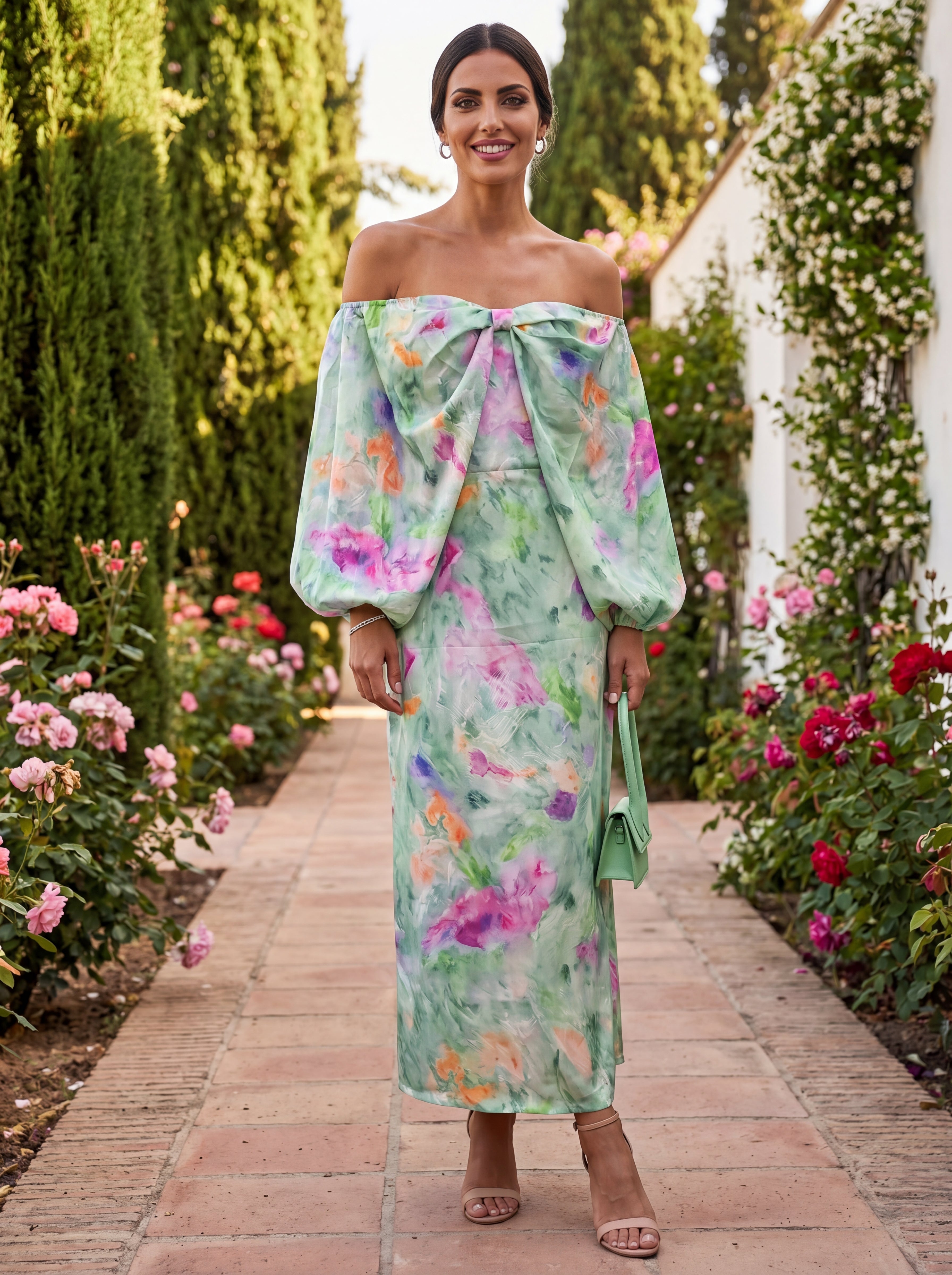 Robe longue à taille marquée et jupe ample