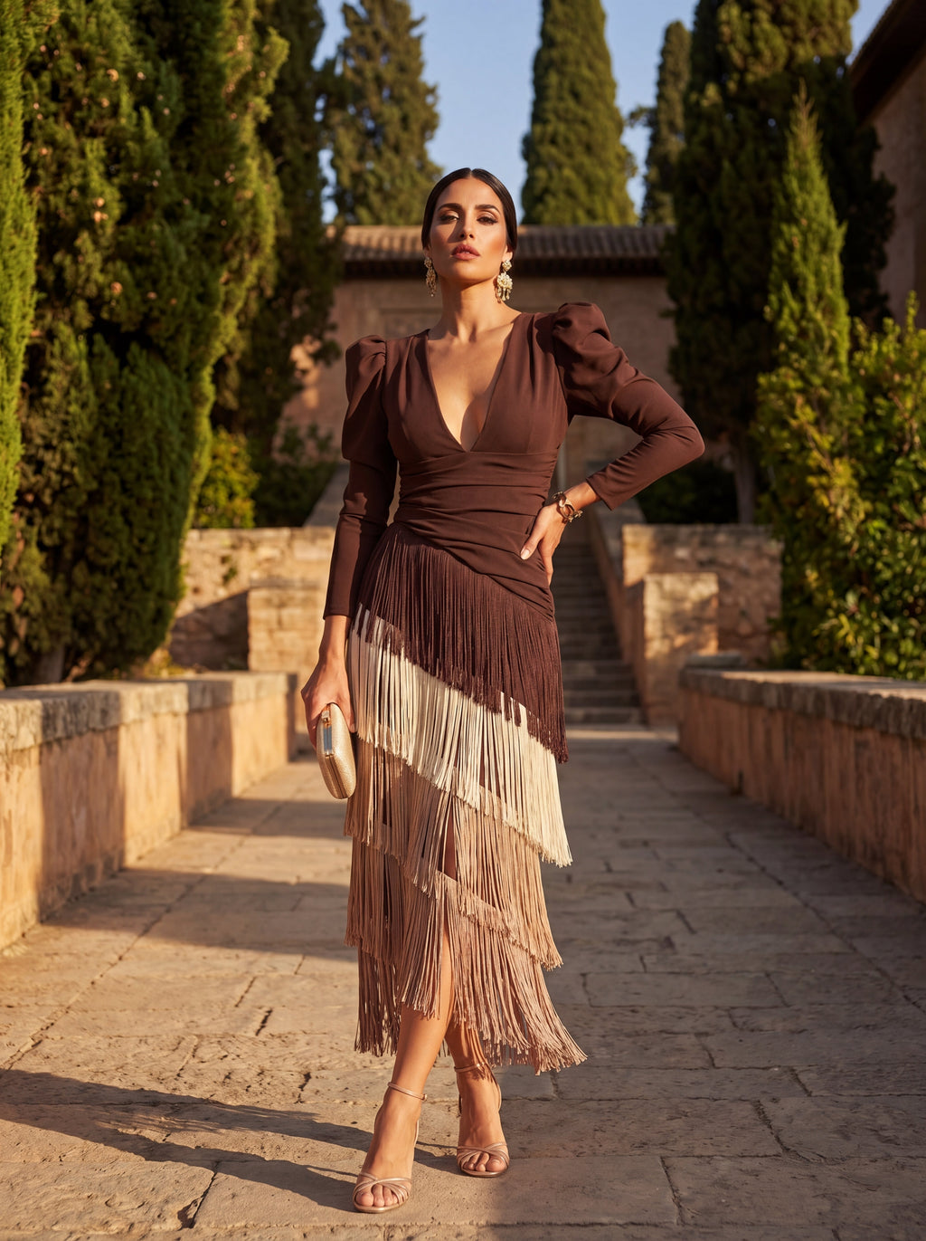 Robe évasée à franges et manches longues