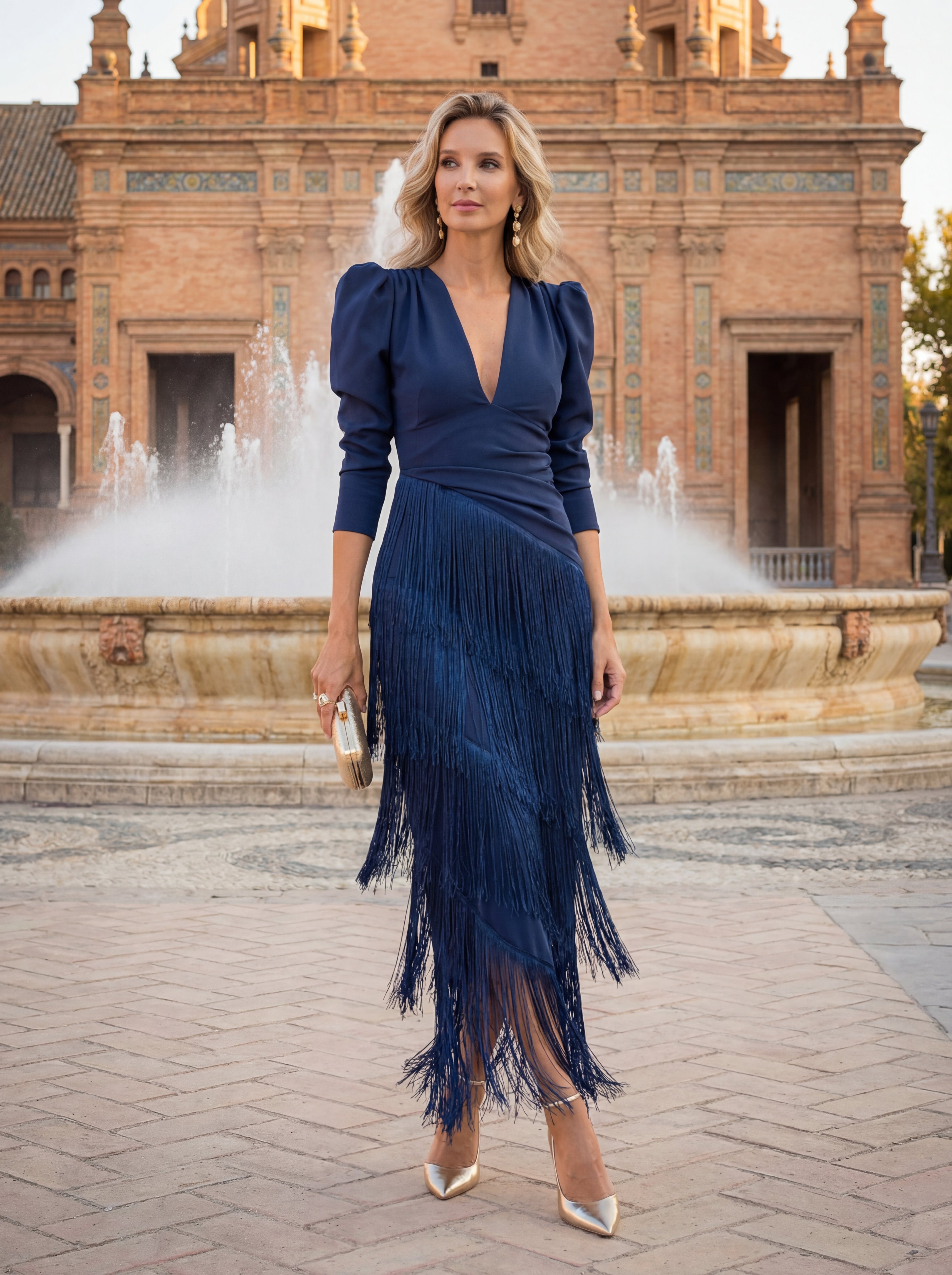 Robe évasée à franges et manches longues