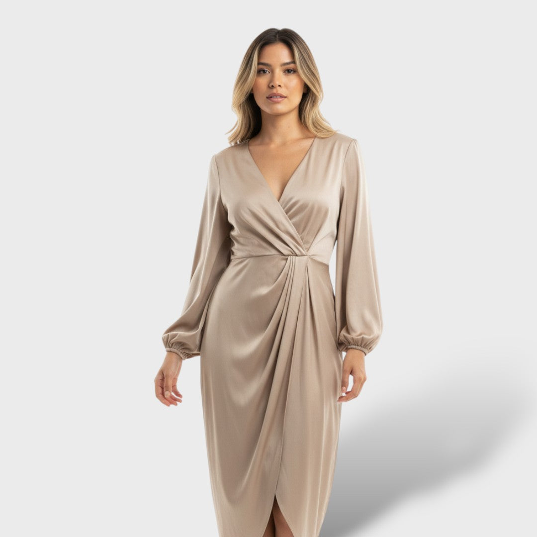 Robe midi à manches ballon et taille marquée