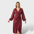Robe midi à manches ballon et taille marquée