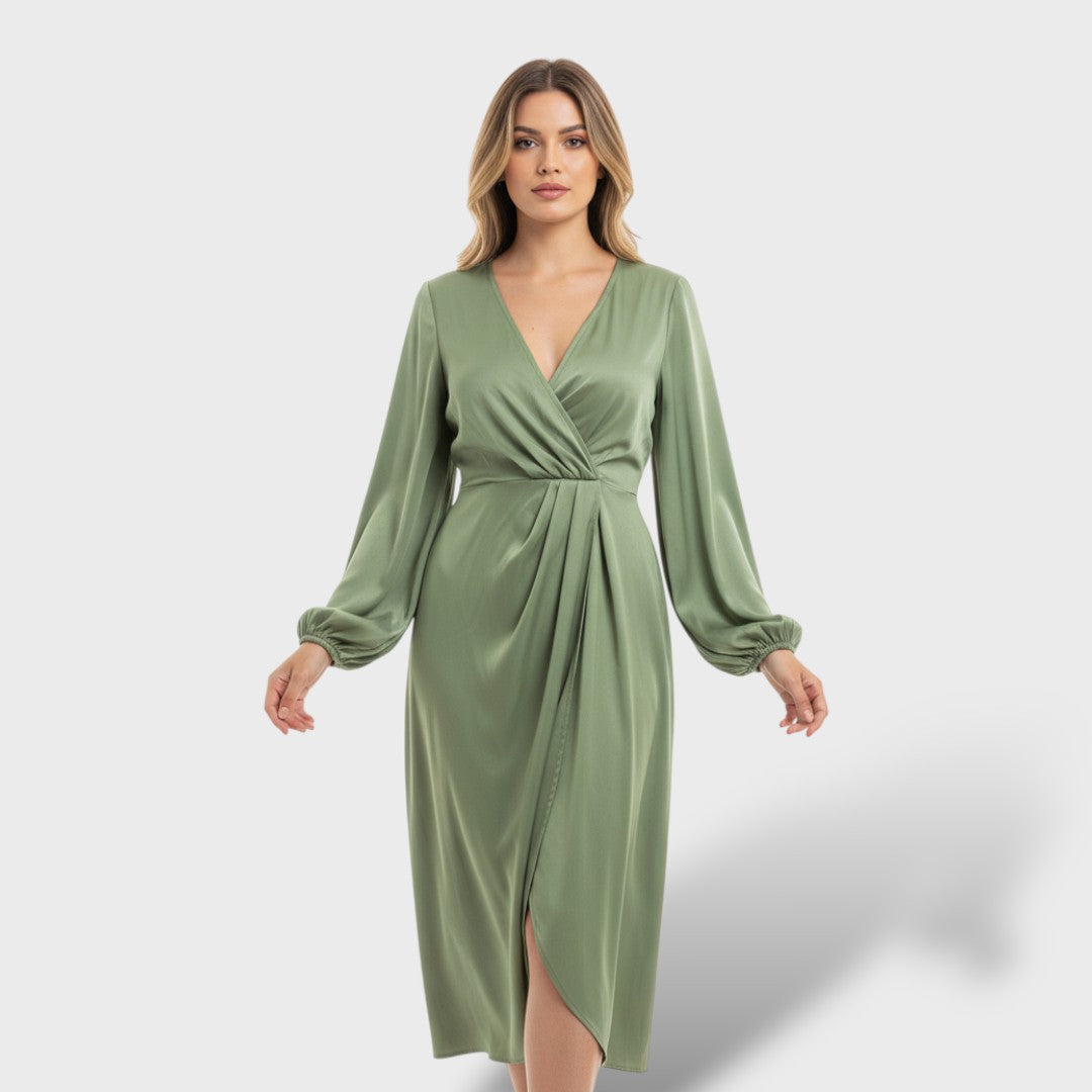 Robe midi à manches ballon et taille marquée