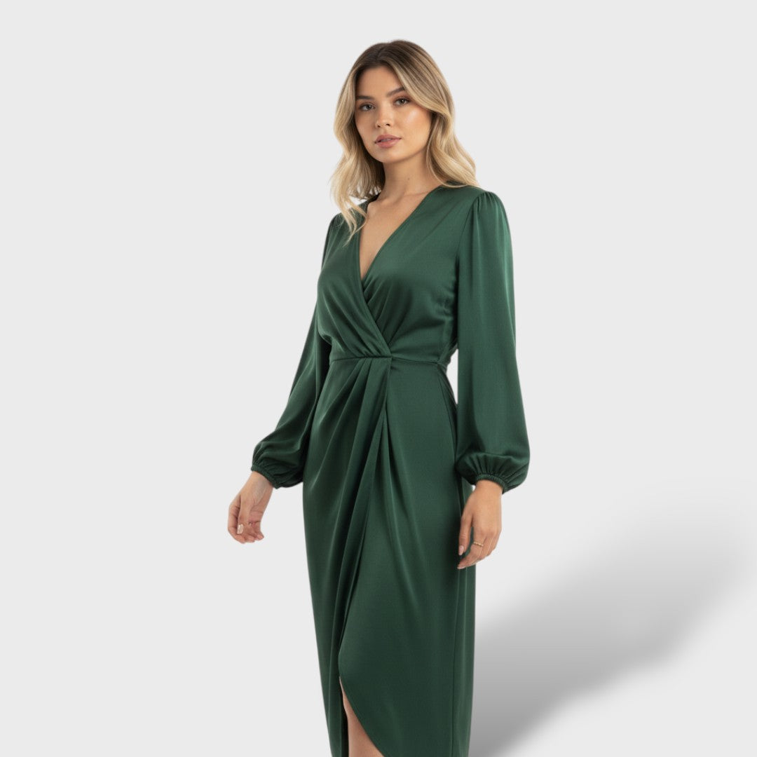 Robe midi à manches ballon et taille marquée