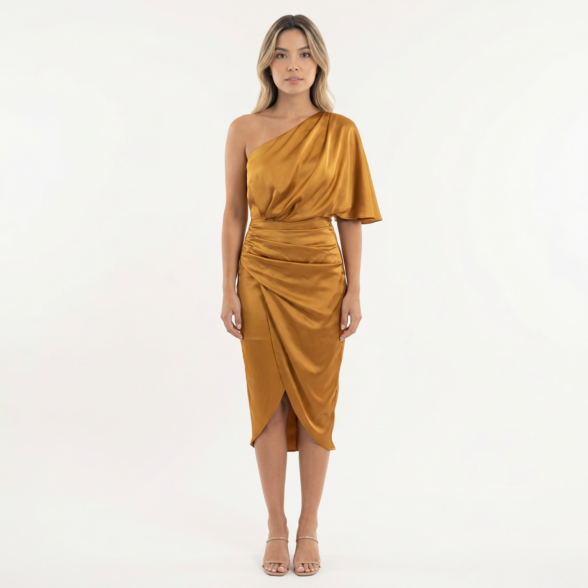 Robe midi en satin à coupe asymétrique et drapé