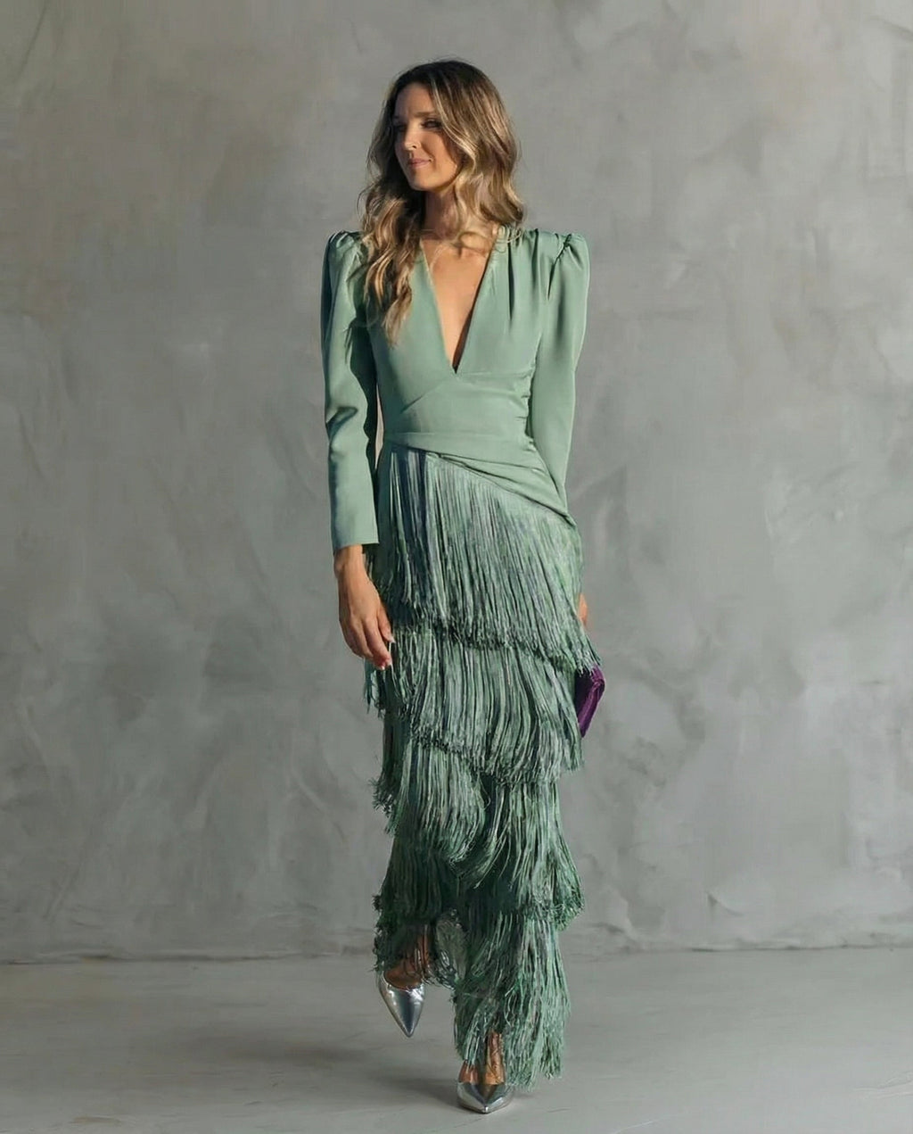 Robe longue à manches à franges