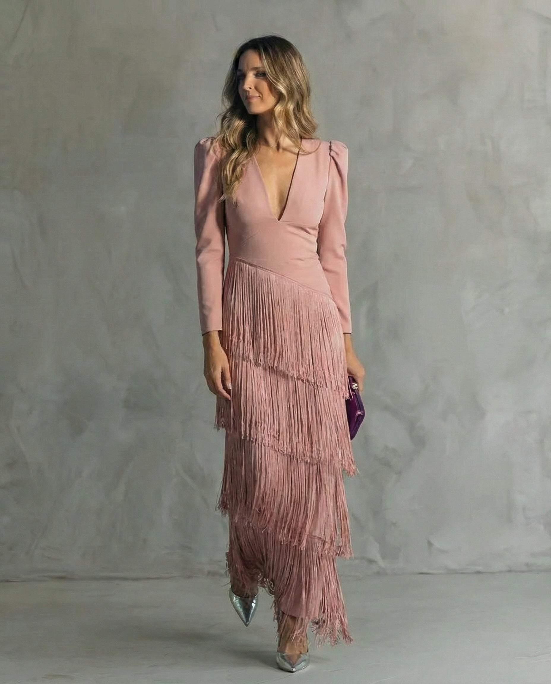 Robe longue à manches à franges