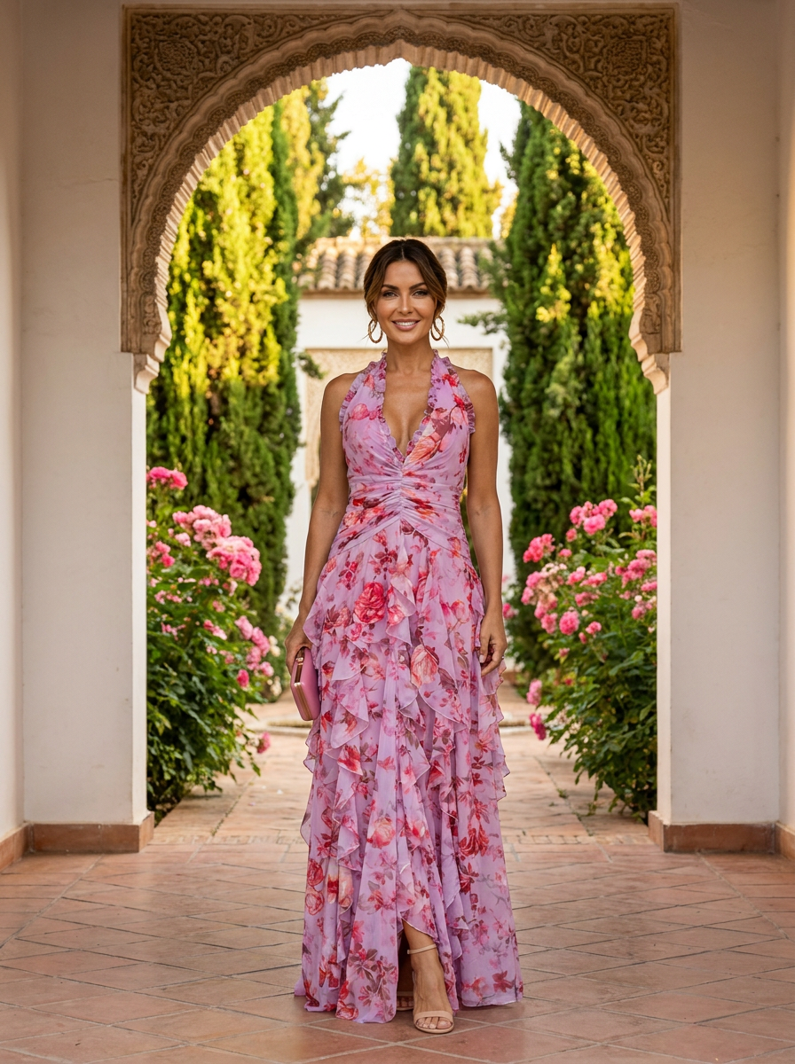 Robe longue à encolure licou et jupe fluide