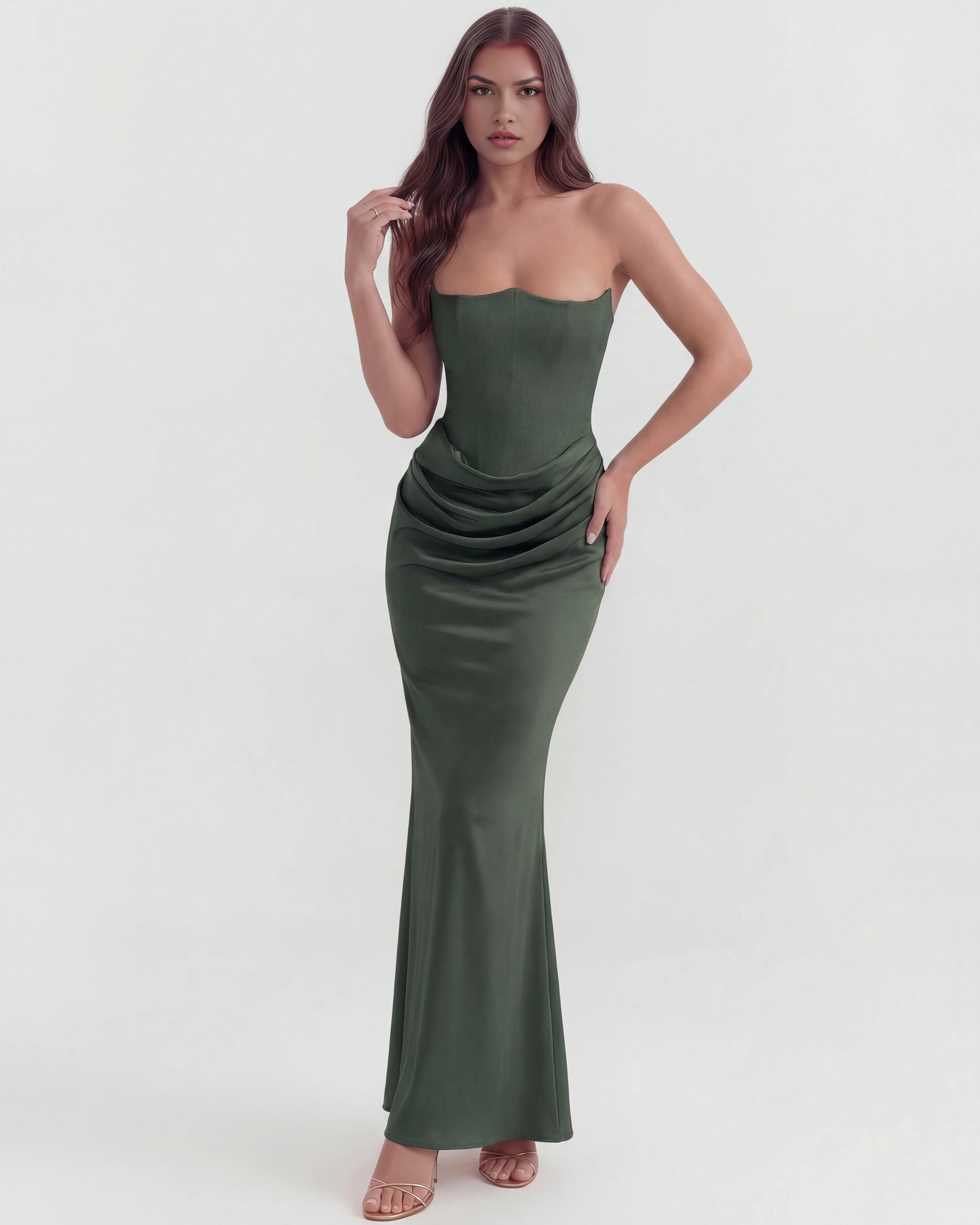 Robe longue corsetée en crêpe stretch à encolure bustier