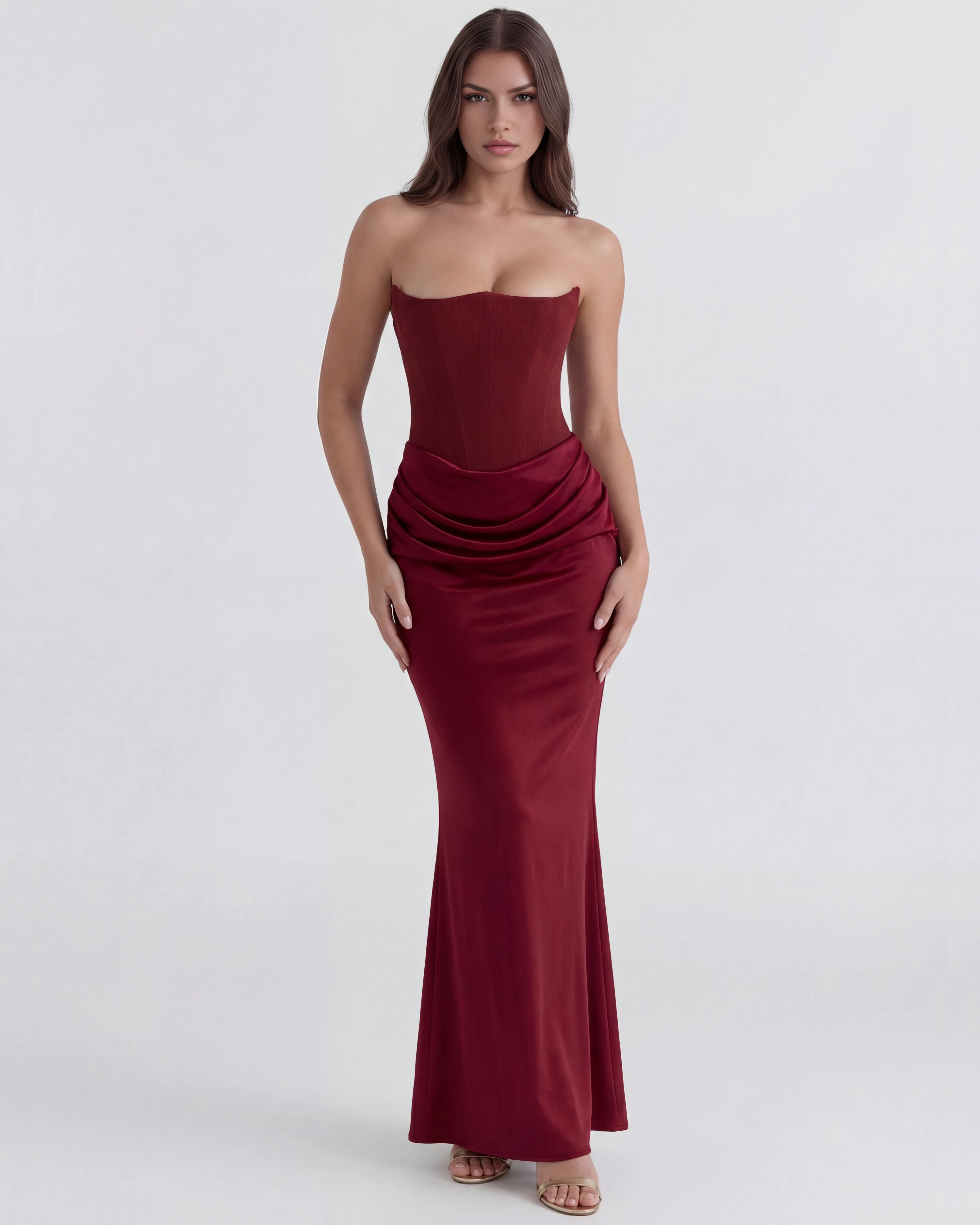 Robe longue corsetée en crêpe stretch à encolure bustier