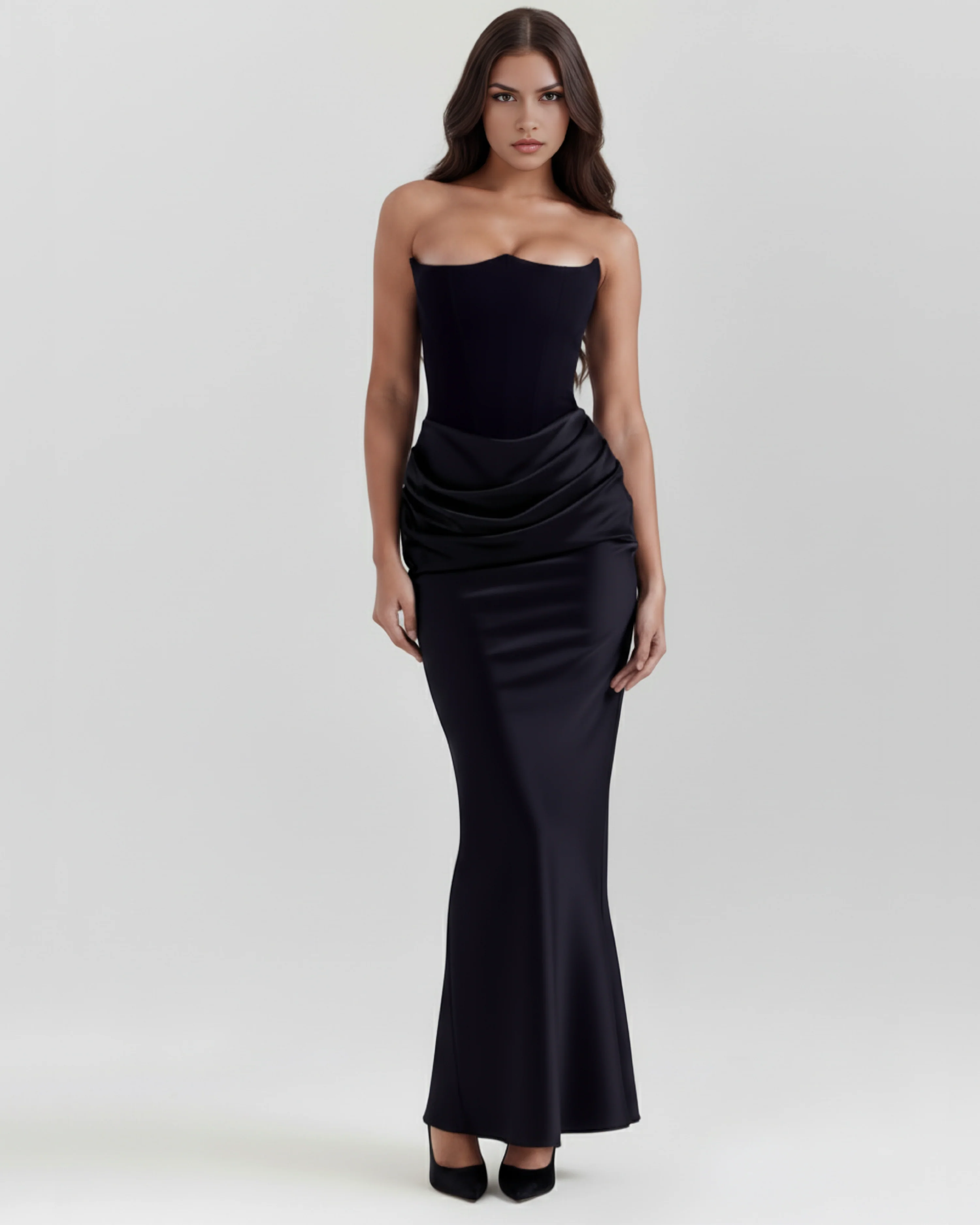 Robe longue corsetée en crêpe stretch à encolure bustier