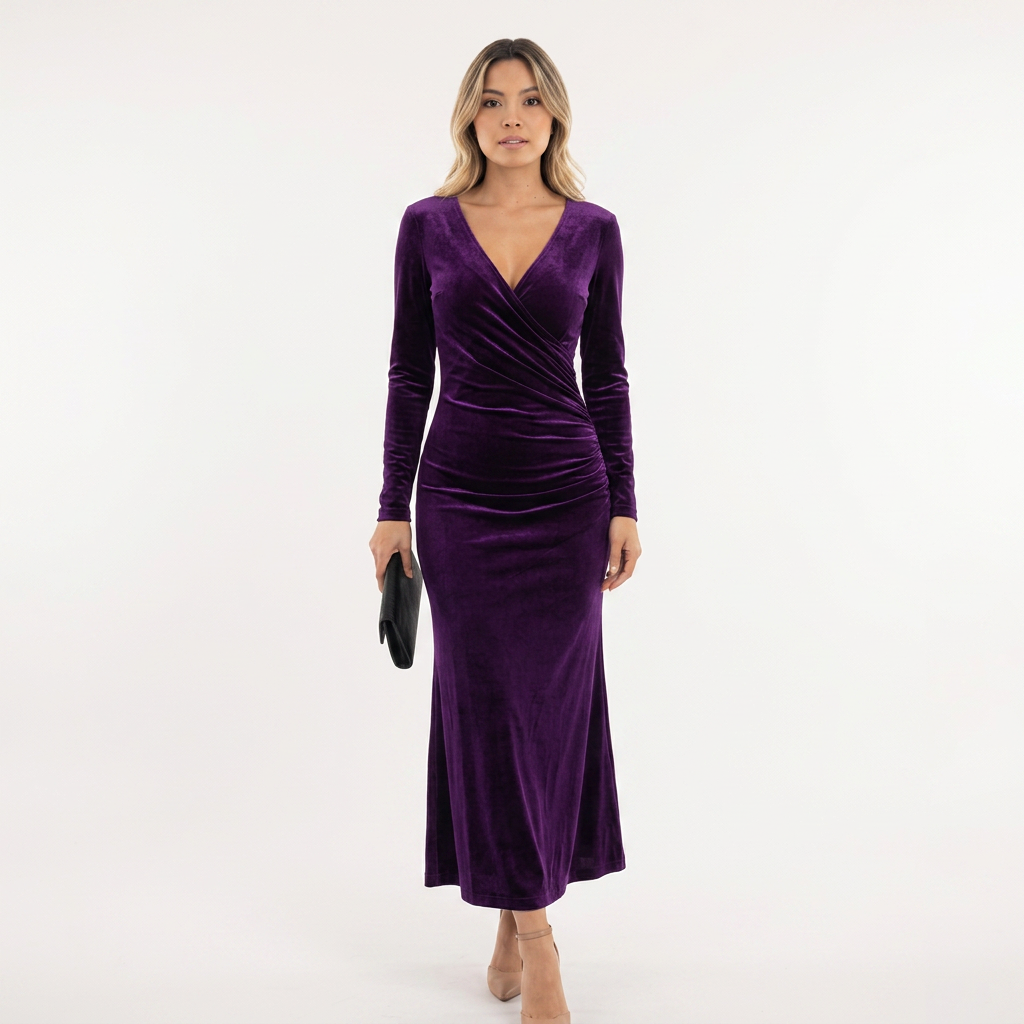 Robe midi en velours à drapé sur la taille